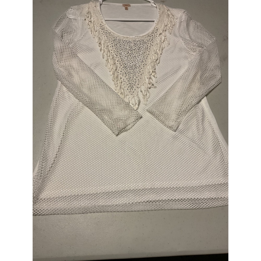 Reba‎ White Mesh Beaded Fringe Tunic Top Blouse Shirt Womens Size Small